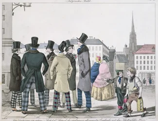 Elegante Männer in schottischen Hosen auf den Straßen von Wien, gestochen von J. W. Linke, ca. 1840